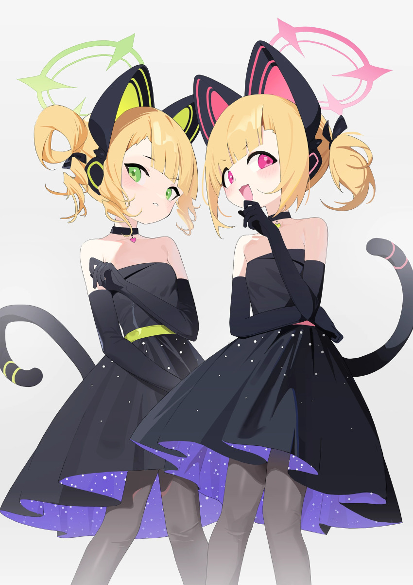 2girls, absurdres, alternate_costume, alternate_hairstyle, animal_ear_headphones, animal_ears, black_choker, black_dress