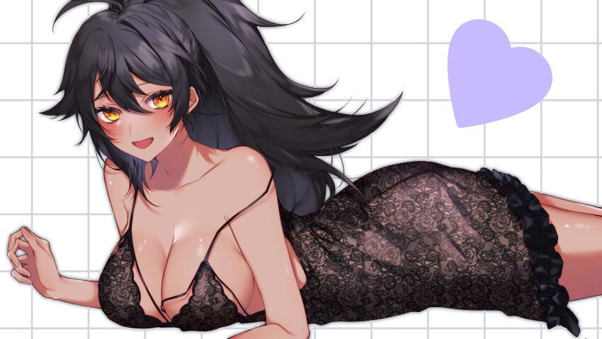 1girl, ahoge, black_hair, black_nightgown, breasts, cleavage, collarbone, dark-skinned_female