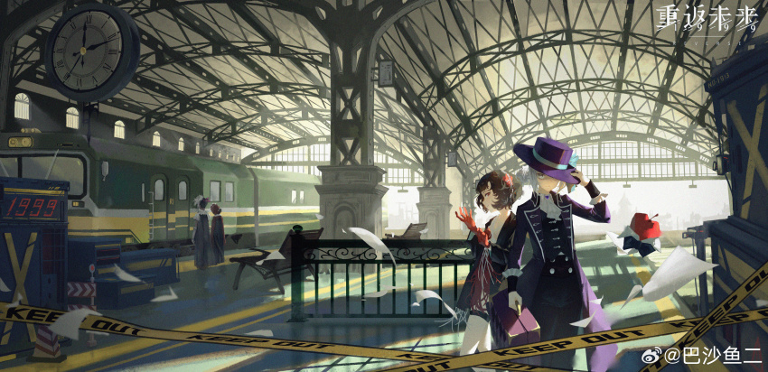 4girls, absurdres, adjusting_clothes, adjusting_headwear, apple, apple_(reverse:1999), ascot, ba_sha_yu_er