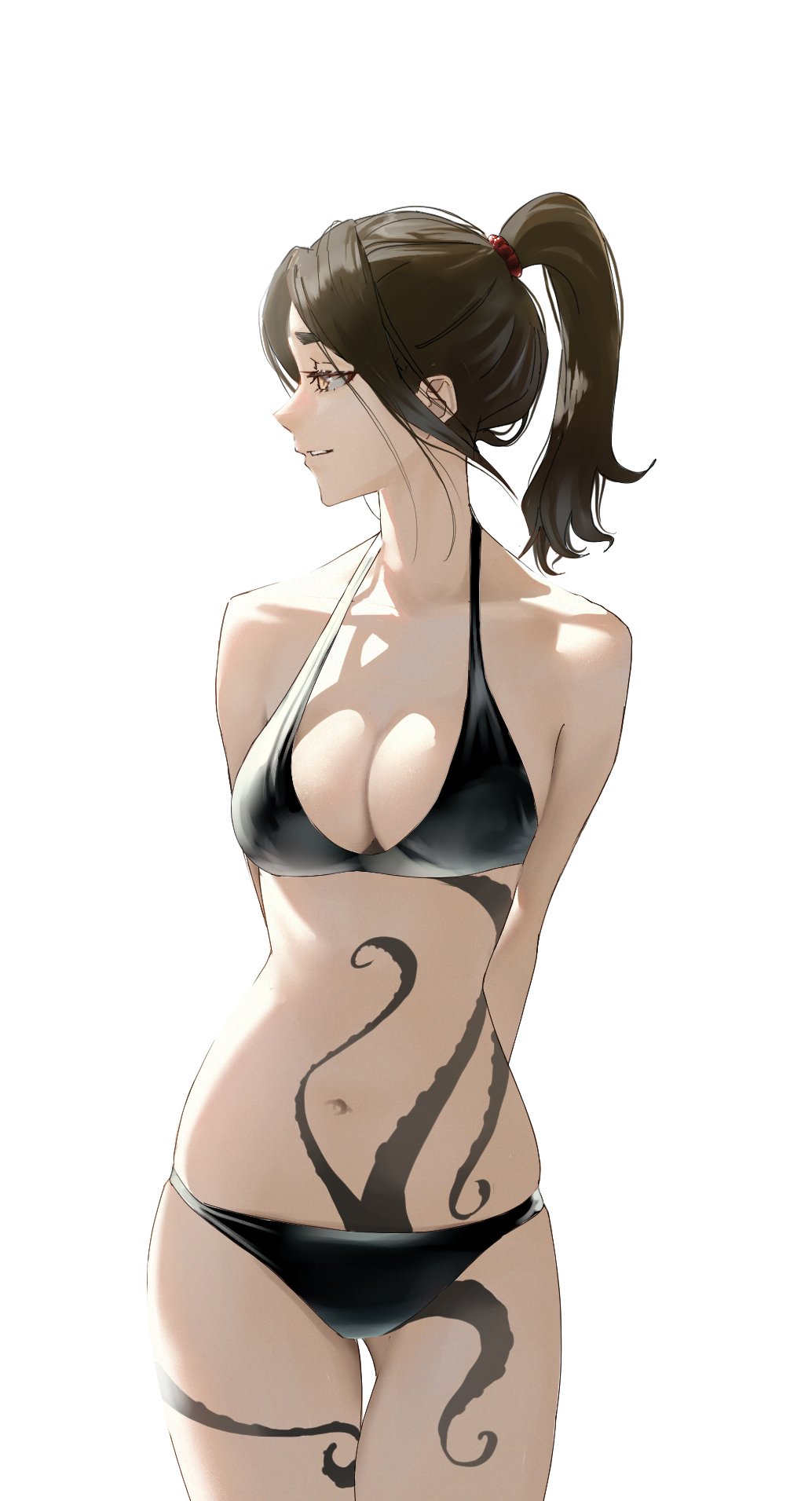 1girl, arms_behind_back, bare_shoulders, bikini, black_bikini, breasts, brown_eyes, brown_hair, cleavage, collarbone, commentary, cowboy_shot, english_commentary, highres, leg_tattoo, long_hair, looking_to_the_side, medium_breasts, navel, octopus_tattoo, original, parted_lips, ponytail, simple_background, smile, solo, swimsuit, tattoo, tbocart, thigh_gap, white_background