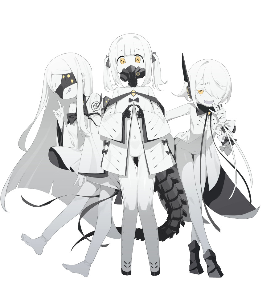 3girls, absurdres, barefoot, black_mask, black_tail, blindfold, blue_archive, colored_skin, covered_eyes, dress, ein_(blue_archive), electricline, extra_pupils, hair_over_one_eye, highres, long_hair, long_sleeves, mask, mechanical_hands, mechanical_tail, medium_hair, multiple_girls, navel, ohr_(blue_archive), respirator, short_hair, simple_background, sof_(blue_archive), symbol-shaped_pupils, tail, toes, twintails, white_background, white_dress, white_hair, white_skin, wide_sleeves, x-shaped_pupils, yellow_eyes