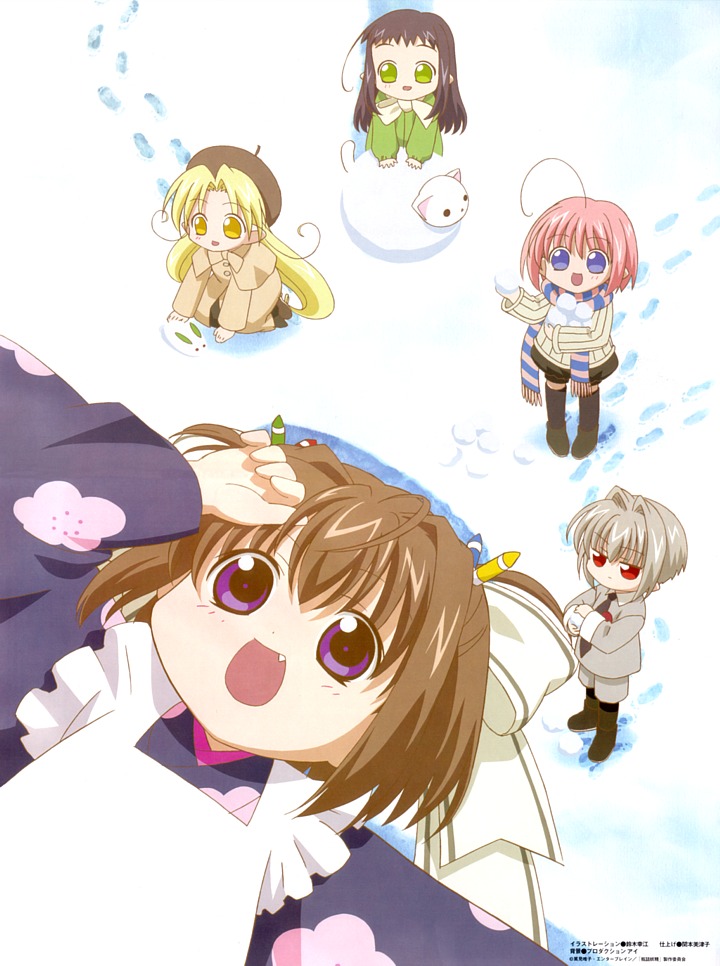 00s, 5girls, androgynous, apron, arm_up, beret, binzume_yousei, black_hair