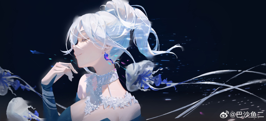 1girl, ba_sha_yu_er, black_background, blue_dress, closed_eyes, closed_mouth, dress, eternity_(reverse:1999)