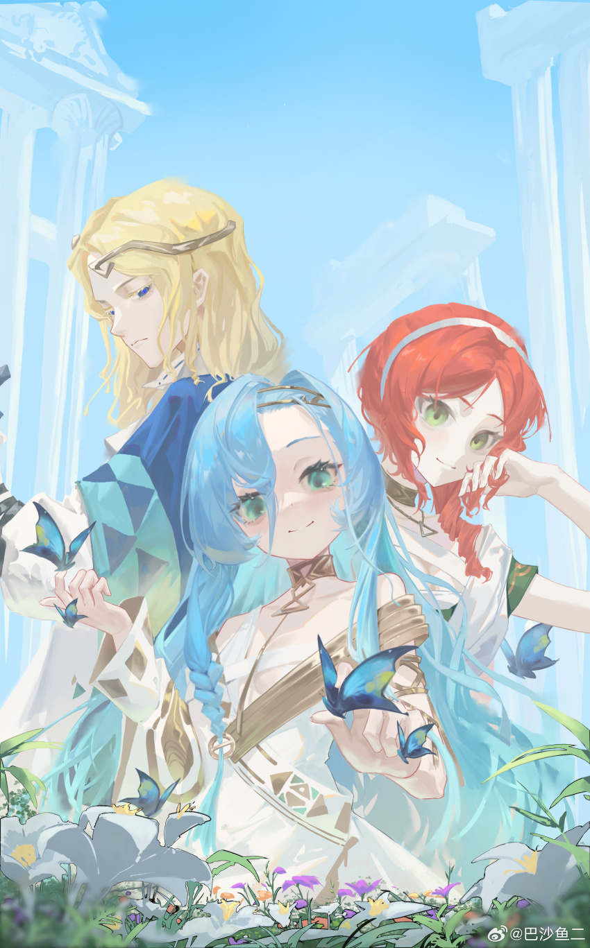 1boy, 2girls, 37_(reverse:1999), 6_(reverse:1999), absurdres, ancient_greek_clothes, aqua_eyes, architecture