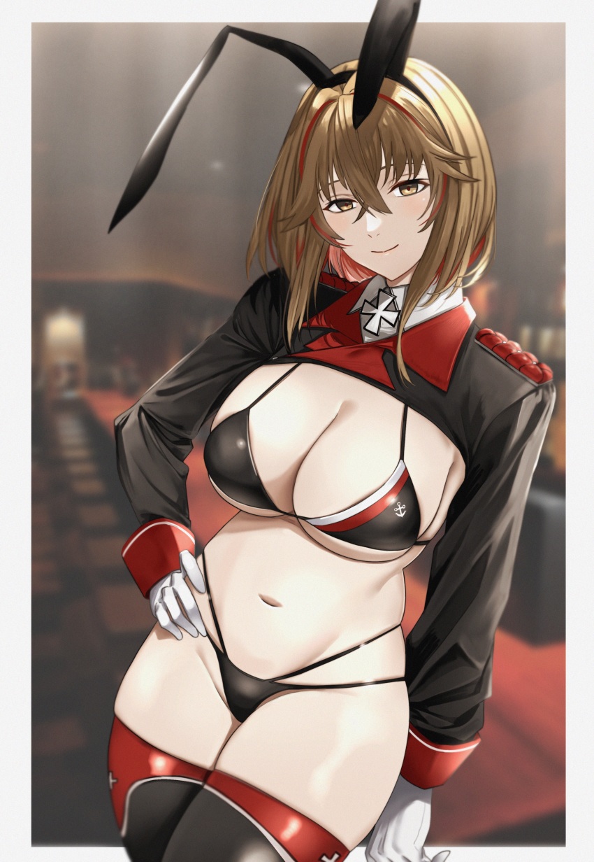 1girl, absurdres, alternate_costume, azur_lane, bikini, black_bikini, black_thighhighs, breasts