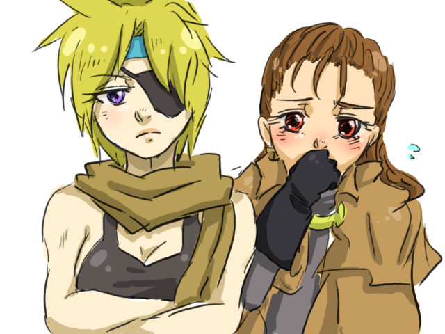 1990s_(style), 2girls, baram_(ff6), blonde_hair, blush, breasts, brown_hair, cleavage