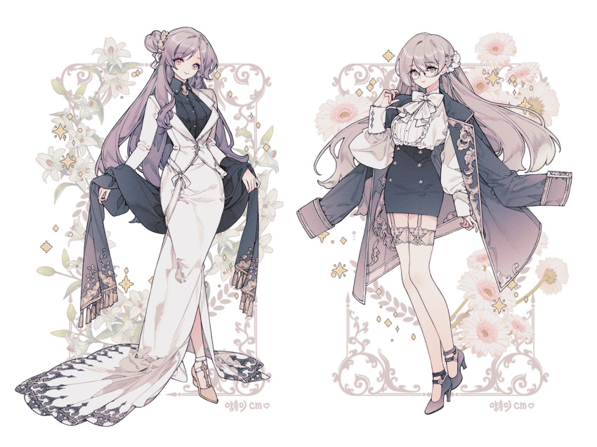 2girls, asymmetrical_hair, black_coat, black_footwear, black_shirt, black_skirt, black_stole, bow