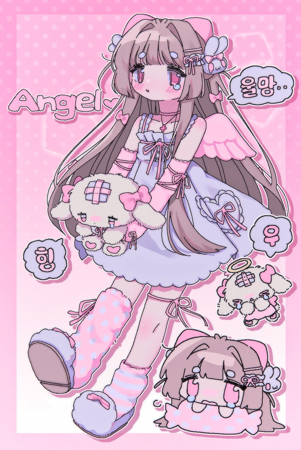 1girl, angel_wings, bare_shoulders, blue_dress, blush, bow, brown_hair, chibi