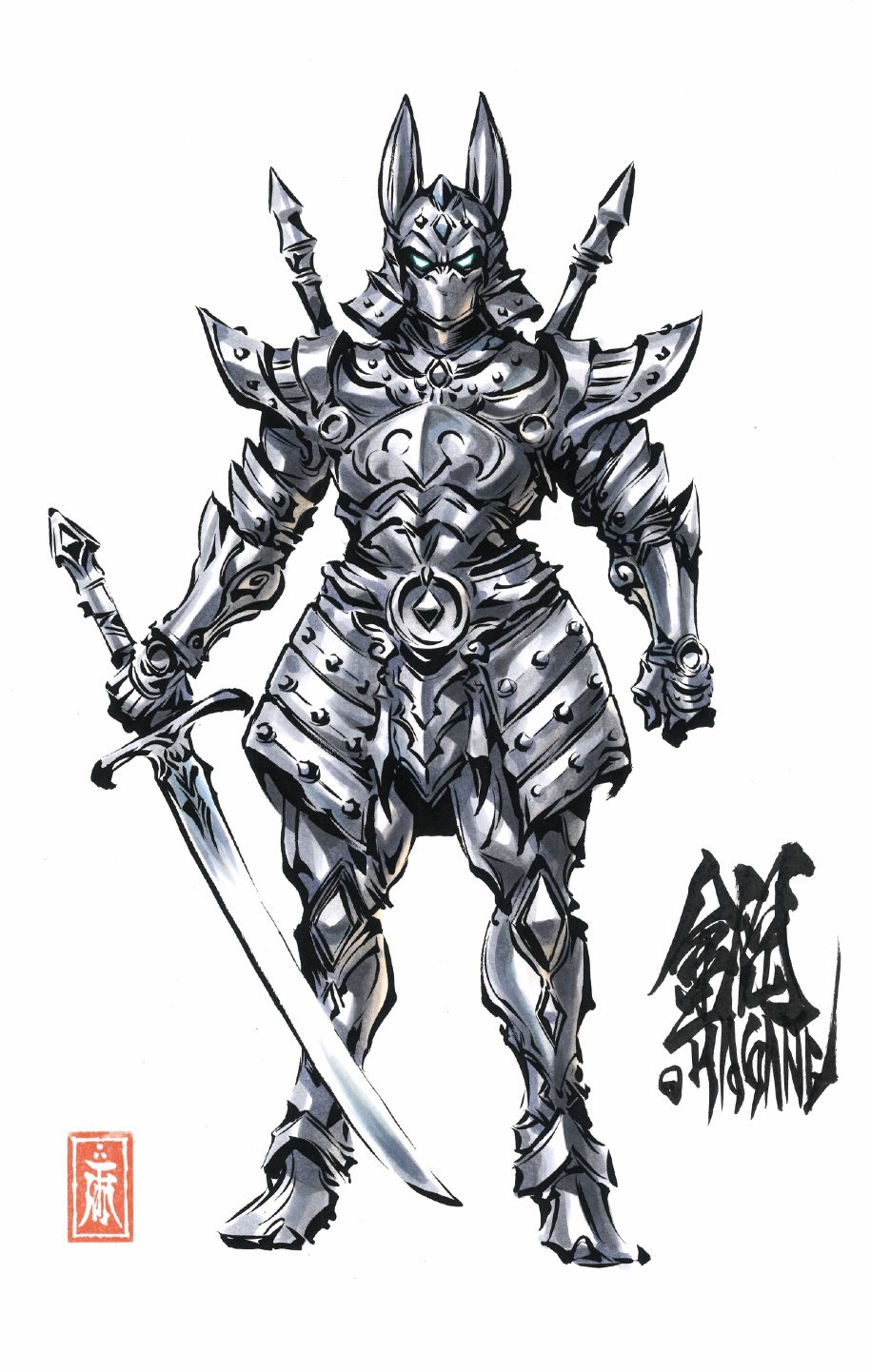 amemiya_keita, animal_ears, armor, character_name, full_armor, full_body, garo:_hagane_o_tsugu_mono, garo_(tokusatsu_series), hagane_(garo), highres, holding, holding_sword, holding_weapon, official_art, simple_background, standing, sword, tokusatsu, weapon, white_background