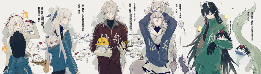 2girls, 3boys, alternate_costume, animal_ears, baiheng_(honkai:_star_rail), bare_shoulders, bird, black_hair