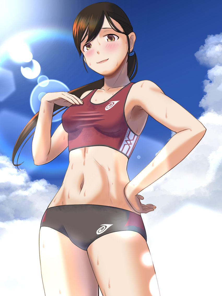 1girl, abs, bare_arms, blue_sky, blush, breasts, brown_eyes, brown_hair