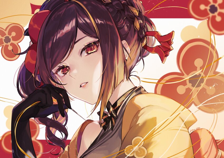 1girl, black_gloves, brown_eyes, brown_hair, chiori_(genshin_impact), commentary_request, genshin_impact, gloves