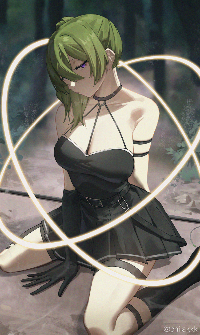 1girl, arm_strap, armlet, bare_shoulders, belt, black_belt, black_dress, black_gloves