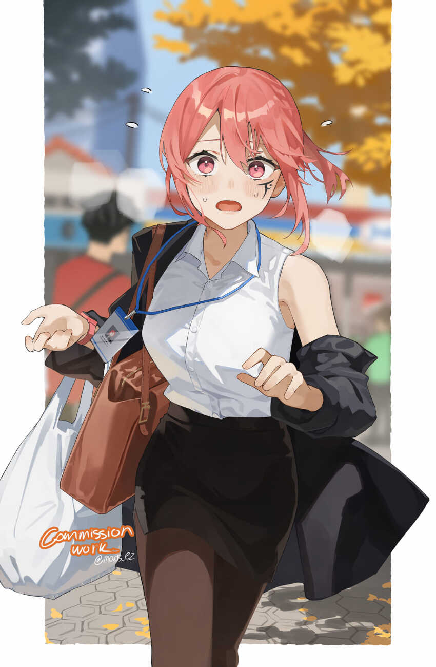 1boy, 1girl, bag, black_jacket, black_skirt, blurry, blurry_background, blush