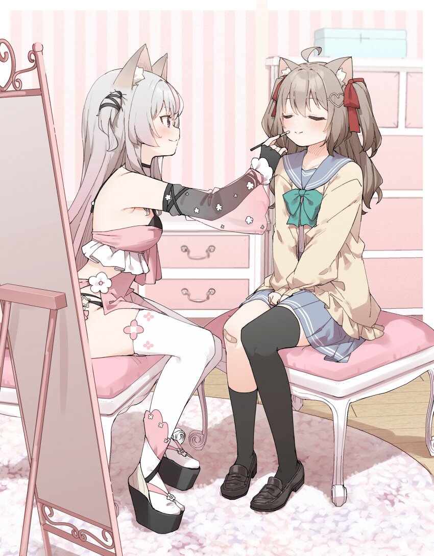 2girls, absurdres, ahoge, animal_ear_fluff, animal_ears, annytf, applying_makeup, asymmetrical_legwear