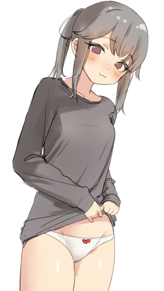 1girl, :3, brown_eyes, clothes_lift, grey_hair, grey_shirt, hair_ribbon, highres