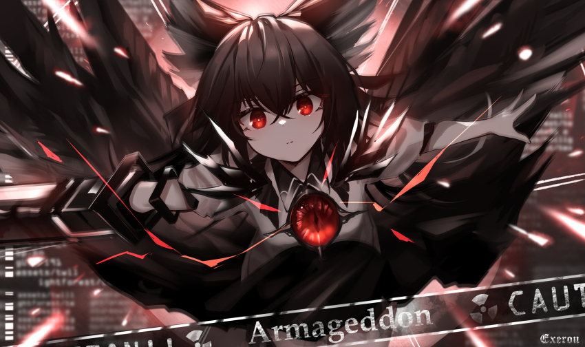 1girl, absurdres, arm_cannon, artist_name, bad_anatomy, bad_hands, bird_wings, black_wings