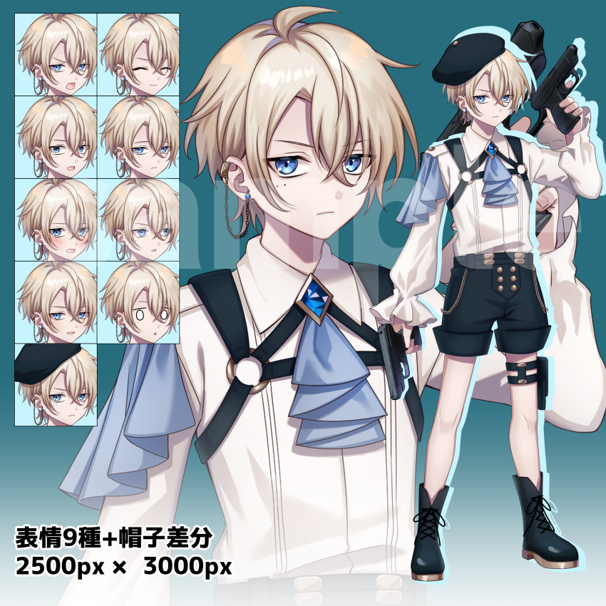 1boy, absurdres, adoptable, ahoge, ascot, beret, black_shorts, blonde_hair, blue_ascot, blue_eyes, blue_gem, collared_shirt, earrings, gem, gun, h&amp;k_vp70, handgun, hat, highres, holding, holding_gun, holding_weapon, ichiya_(18ichi_ya), jewelry, long_sleeves, male_focus, original, portrait, sample_watermark, shirt, shorts, standing, tachi-e, thigh_strap, watermark, weapon, white_shirt