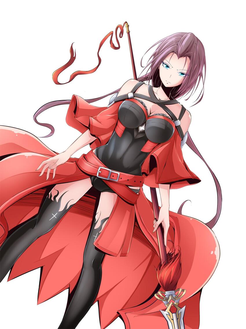 1girl, belt, black_leotard, black_thighhighs, blue_eyes, breasts, capelet, cleavage