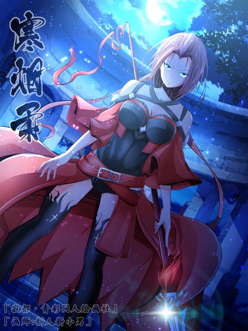 1girl, belt, black_leotard, black_thighhighs, blue_eyes, breasts, capelet, character_name