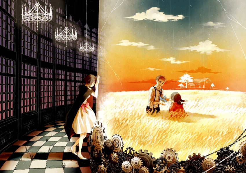 1boy, 2girls, bad_id, bad_pixiv_id, bird, brown_hair, cape, chandelier