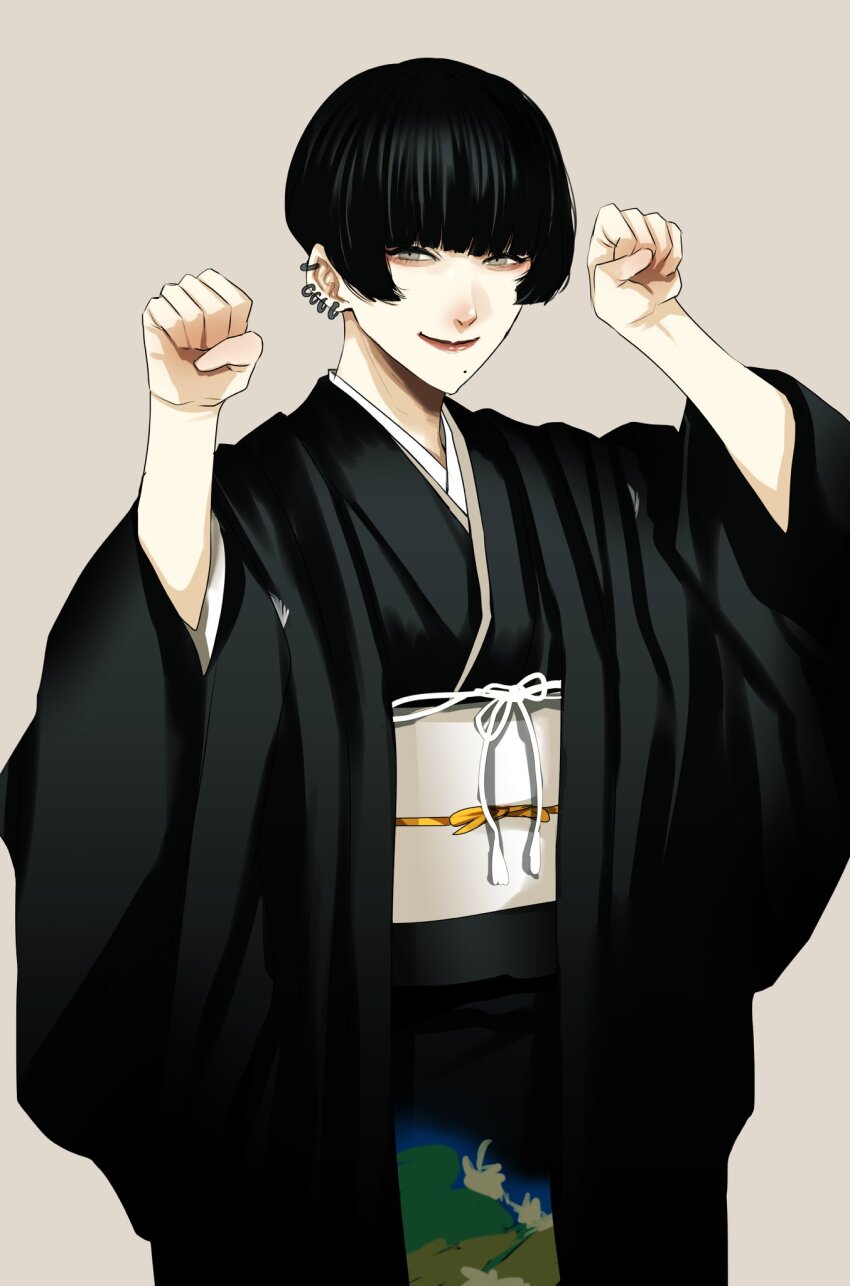 1girl, aegyo_sal, black_hair, black_kimono, closed_mouth, ear_piercing, earrings, grey_background
