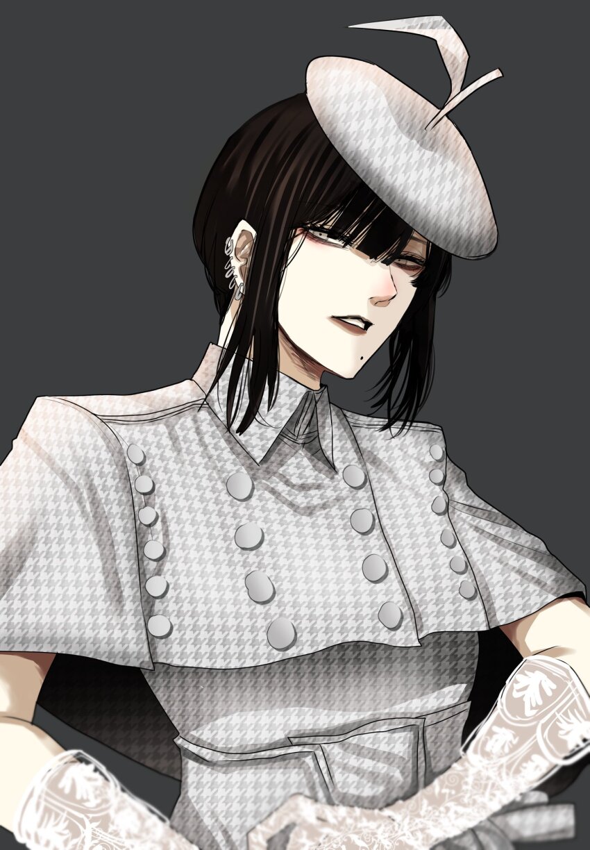 1girl, black_hair, collared_shirt, commentary, ear_piercing, earrings, gloves, grey_background