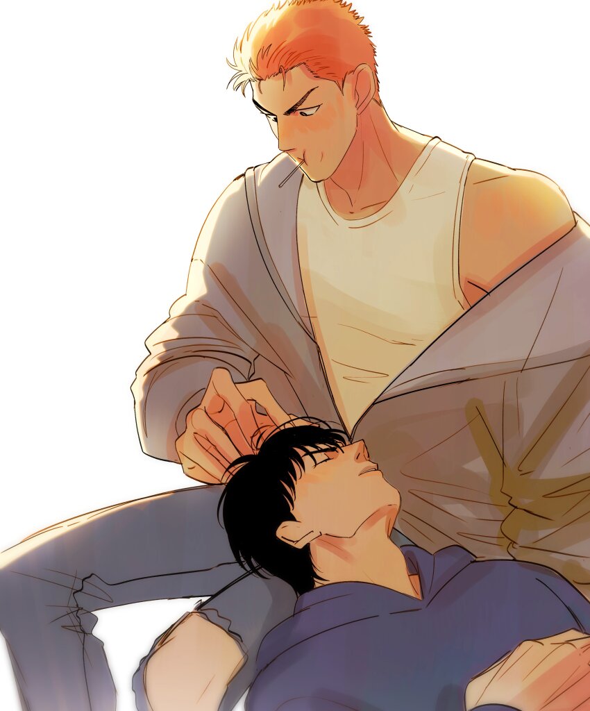 2boys, absurdres, black_eyes, black_hair, candy, closed_eyes, couple, cowboy_shot, food, hand_in_another's_hair, highres, hood, hoodie, jacket, lap_pillow, lollipop, looking_at_another, looking_down, male_focus, maysy633, mouth_hold, multiple_boys, pants, red_hair, rukawa_kaede, sakuragi_hanamichi, short_hair, simple_background, single_off_shoulder, slam_dunk_(series), sleeping, tank_top, torn_clothes, torn_pants, white_background, white_tank_top, yaoi