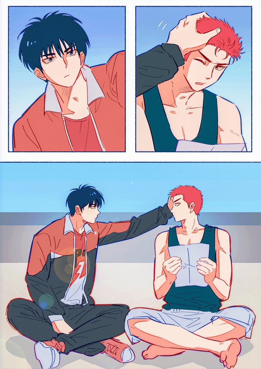 2boys, barefoot, black_eyes, black_hair, black_tank_top, couple, eye_contact, full_body, heduel, highres, holding, holding_paper, jacket, looking_at_another, male_focus, multiple_boys, multiple_views, one_eye_closed, open_clothes, open_jacket, pants, paper, pectoral_cleavage, pectorals, red_hair, ruffling_hair, rukawa_kaede, sakuragi_hanamichi, short_hair, sitting, slam_dunk_(series), tank_top, track_jacket, track_pants, upper_body, yaoi