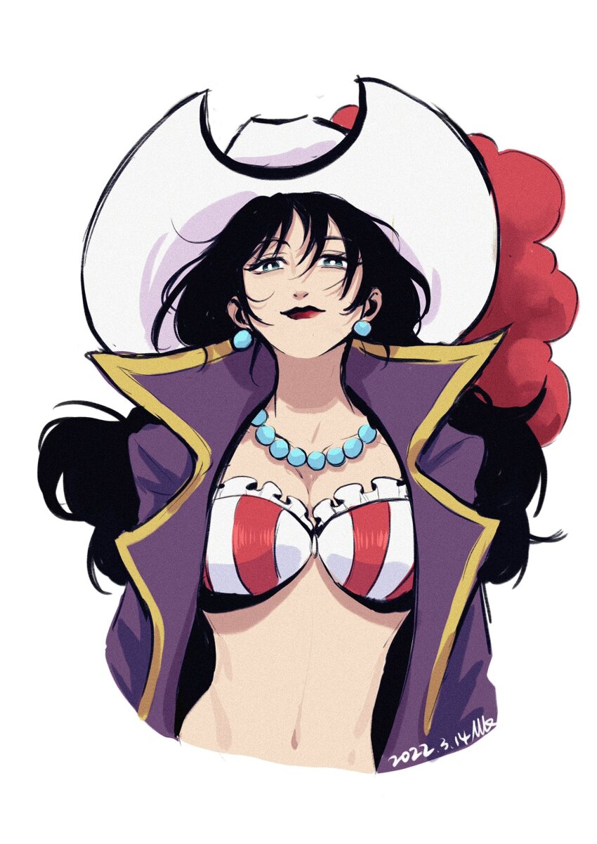 1girl, alvida_(one_piece), bikini, bikini_top_only, black_hair, blue_eyes, chinese_commentary, closed_mouth