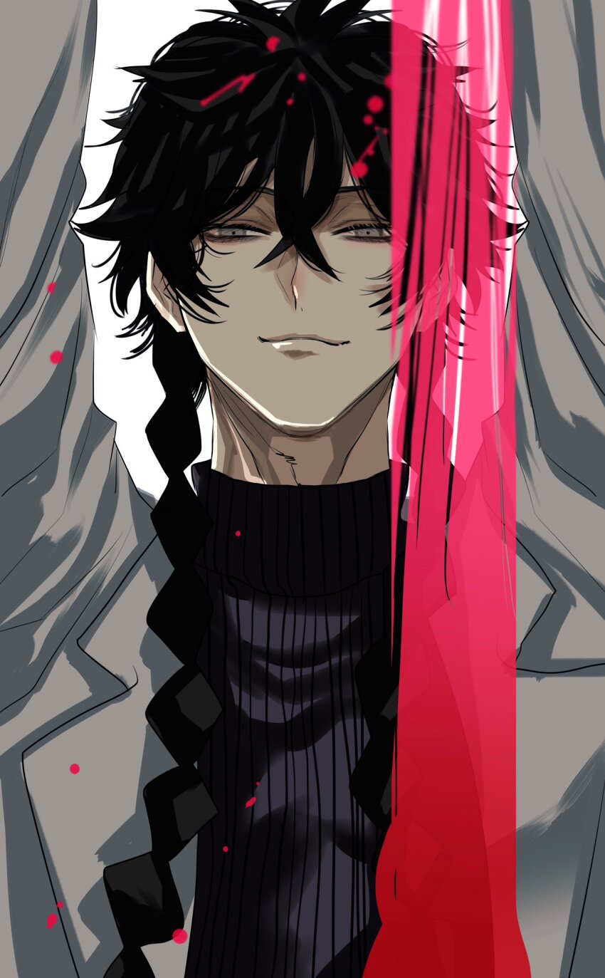 1boy, black_hair, black_sweater, blue_period, braid, closed_mouth, commentary, crossed_bangs