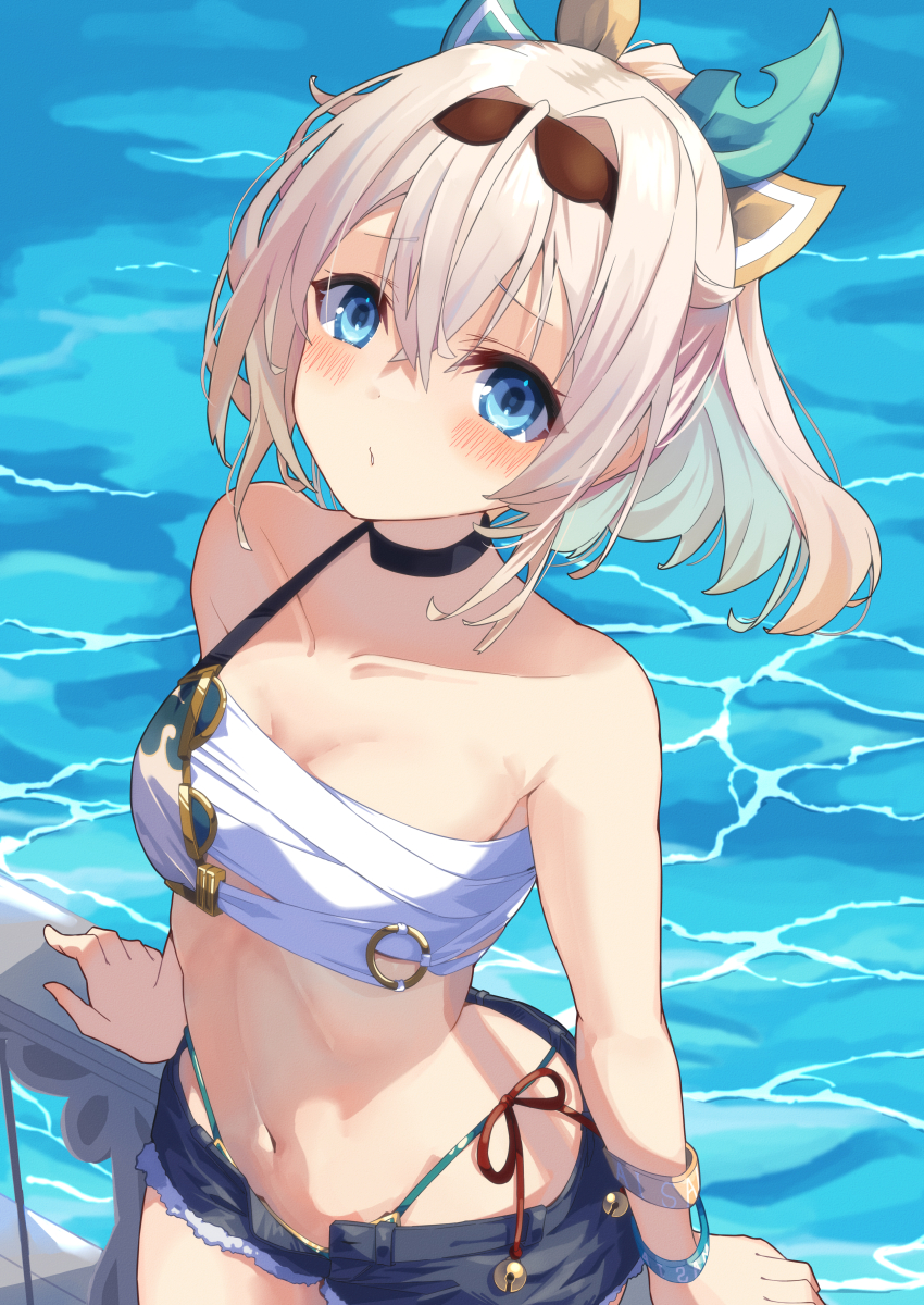 1girl, absurdres, arm_support, arms_at_sides, bare_shoulders, bell, bikini, black_choker