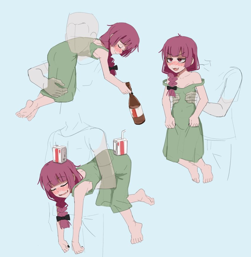 1boy, 1girl, alcohol_carton, armpit_carry, barefoot, black_nails, blush, bocchi_the_rock!