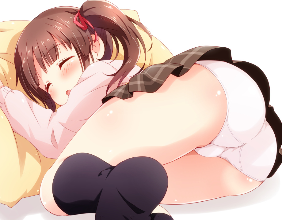 1girl, ass, black_socks, blunt_bangs, blush, brown_hair, brown_skirt, closed_eyes, hair_ribbon, hand_up, head_on_pillow, idolmaster, idolmaster_cinderella_girls, legs, legs_together, long_sleeves, lying, mikan-ya, miniskirt, no_shoes, ogata_chieri, on_side, open_mouth, panties, pillow, pink_sweater, plaid_clothes, plaid_skirt, pleated_skirt, red_ribbon, ribbon, simple_background, skirt, sleeping, socks, solo, sweater, thighs, twintails, underwear, white_background, white_panties