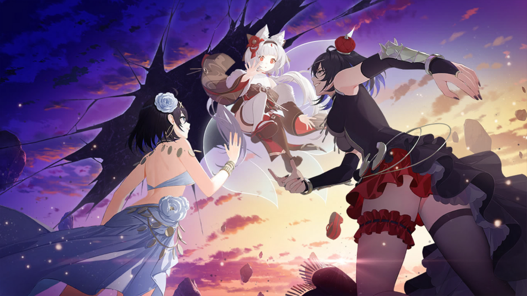 3girls, animal_ears, backless_outfit, black_hair, black_nails, blue_eyes, blue_hair, bracelet