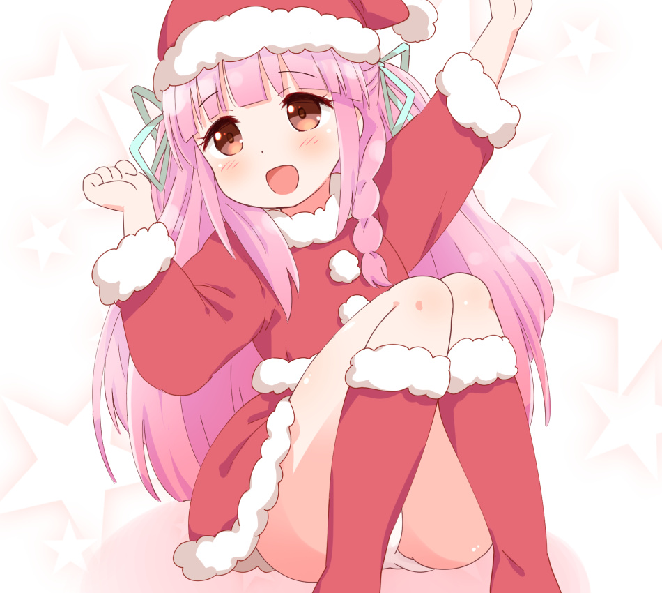 1girl, :d, aqua_ribbon, arm_up, blunt_bangs, braid, brown_eyes, child