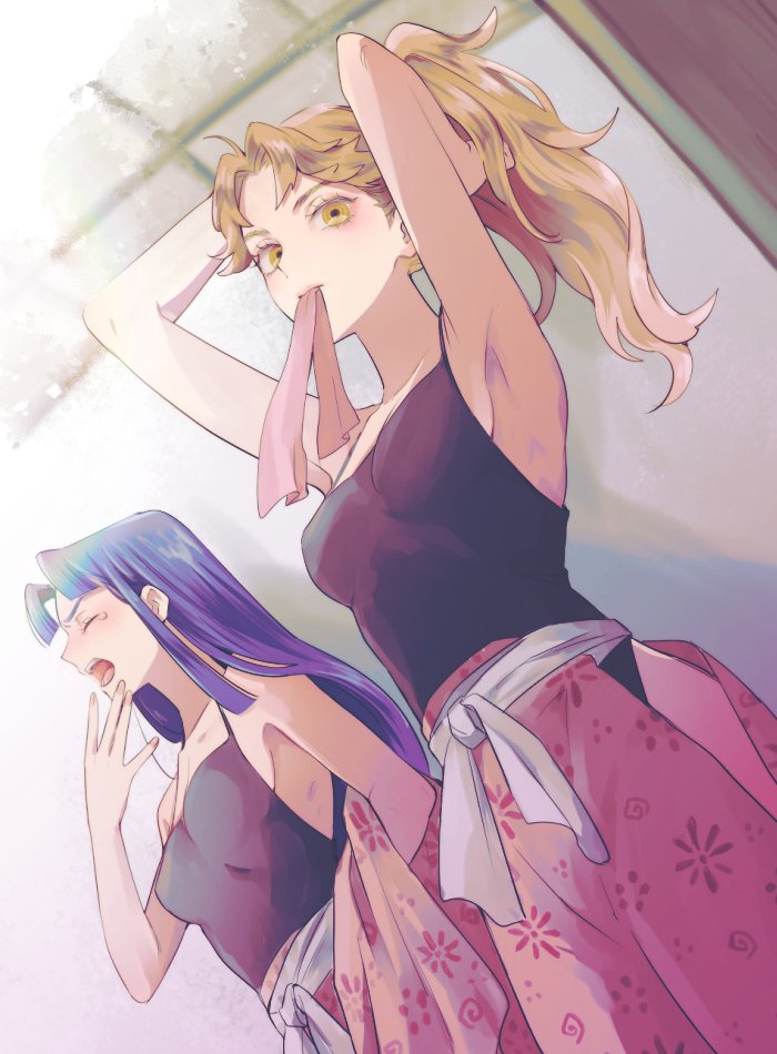 2girls, arms_up, black_camisole, blonde_hair, blunt_ends, camisole, closed_eyes, cowboy_shot