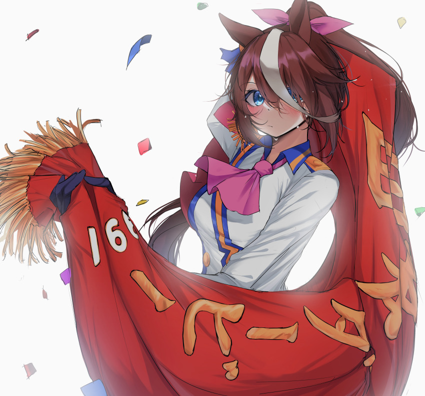 1girl, absurdres, animal_ears, arm_up, ascot, black_gloves, blue_eyes, brown_hair