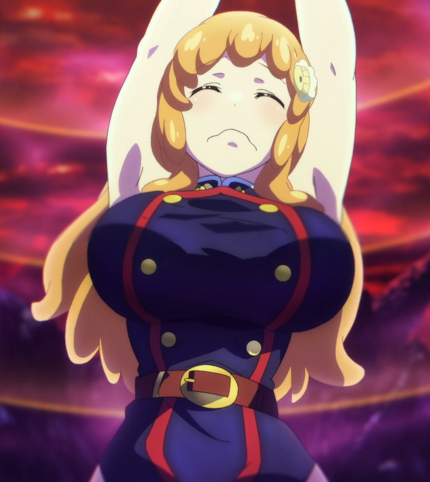 1girl, absurdres, anime_screenshot, armpits, arms_up, belt, breasts, buttons