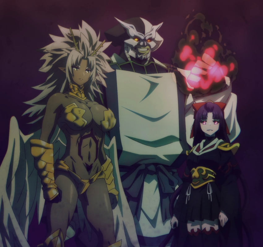 1boy, 2girls, anime_screenshot, armor, bare_shoulders, black_dress, black_thighhighs, breasts