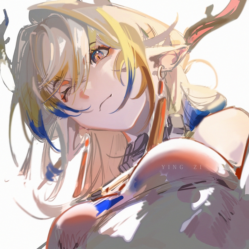 1girl, arknights, bare_shoulders, blue_hair, breasts, chinese_commentary, choker, closed_mouth