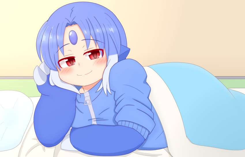 1boy, animal_hands, belly, blue_hair, blush, claws, forehead_jewel, futon, half-covered_body, highres, hood, hoodie, kodalar, looking_at_viewer, male_focus, mazato_codalove, medium_hair, multicolored_hair, red_eyes, solo, tareme, two-tone_hair, ultra_series, under_covers