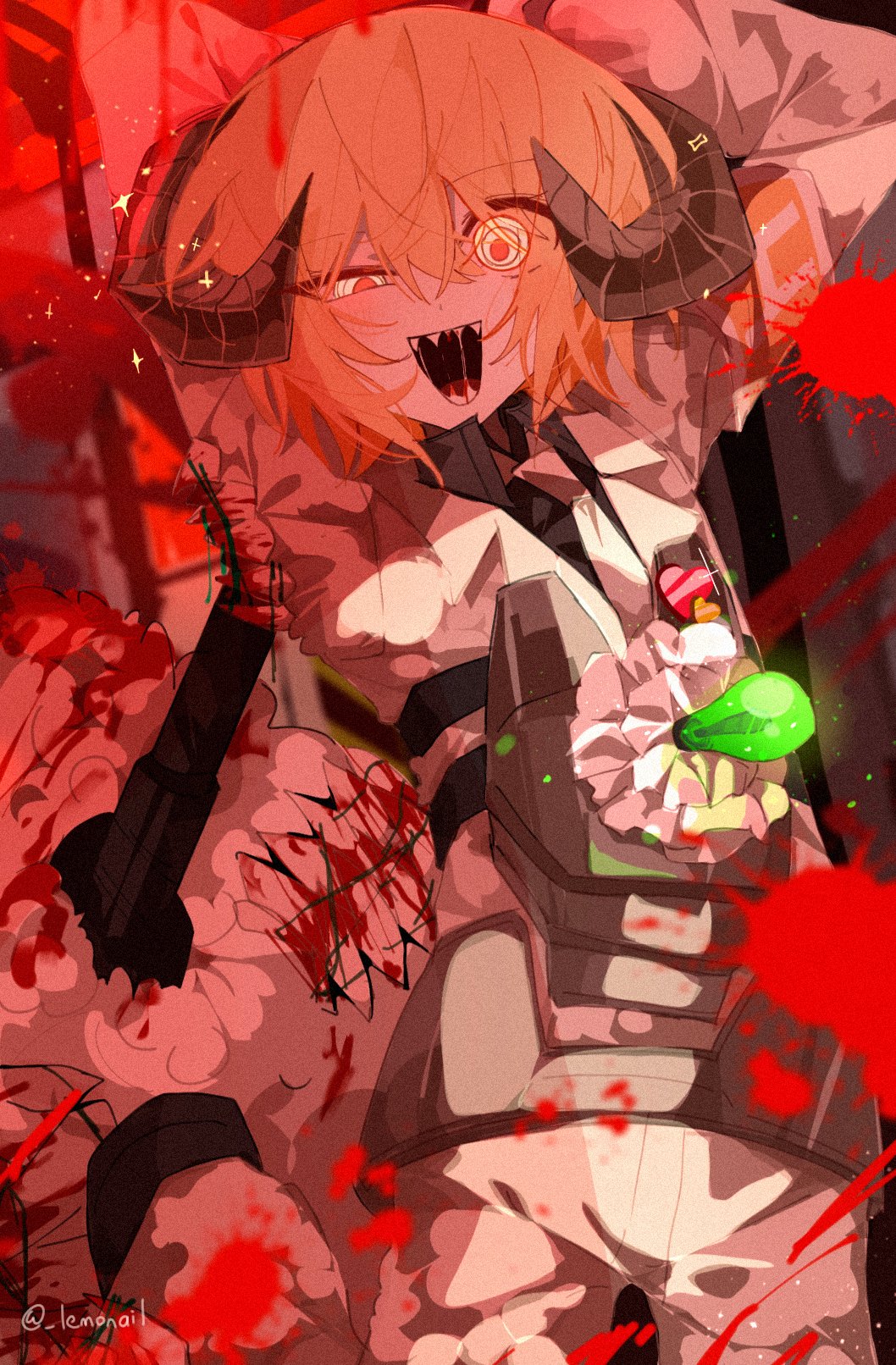 1girl, barbed_wire, blonde_hair, blood, blood_on_clothes, cowboy_shot, don_quixote_(project_moon), e.g.o_(project_moon), hammer, highres, holding, holding_hammer, horns, jacket, lantern_(e.g.o), lemonail, light_bulb, limbus_company, lobotomy_corporation, meat_lantern_(project_moon), open_mouth, pants, project_moon, sharp_teeth, sheep_horns, smile, solo, teeth, white_jacket, white_pants, yellow_eyes
