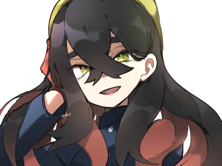 1girl, :d, black_hair, blue_jacket, carmine_(pokemon), clear_2758, colored_inner_hair, gloves, hair_between_eyes, hairband, highres, jacket, long_hair, long_sleeves, looking_at_viewer, multicolored_hair, nintendo, open_mouth, pokemon, pokemon_scarlet_and_violet, red_gloves, red_hair, smile, solo, two-tone_hair, upper_body, white_background, yellow_eyes, yellow_hairband