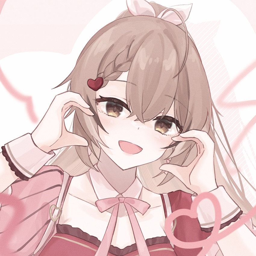 1girl, :d, ahoge, braid, braided_bangs, brown_eyes, brown_hair, crossed_bangs