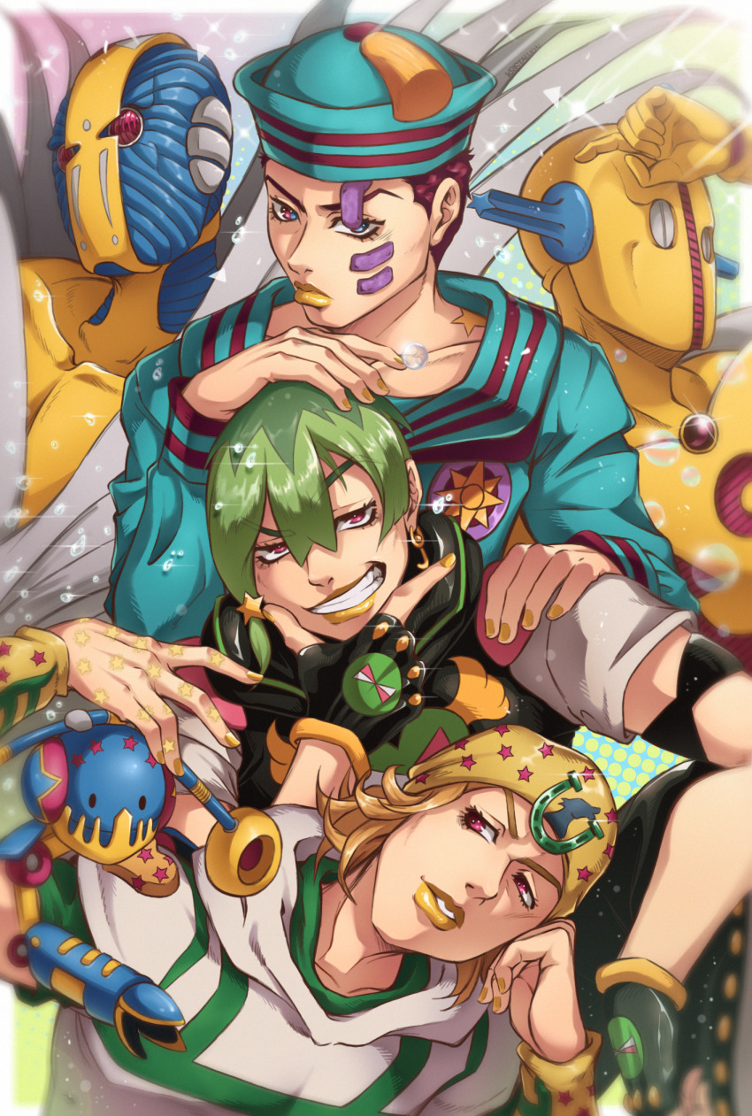 3boys, beanie, birthmark, blonde_hair, bubble, closed_mouth, earrings, fingerless_gloves, gloves, green_hair, grin, hair_between_eyes, hair_ornament, hat, higashikata_josuke_(jojolion), highres, hood, hoodie, horseshoe_ornament, jewelry, jodio_joestar, joestar_birthmark, johnny_joestar, jojo_no_kimyou_na_bouken, jojolion, kristallion, looking_at_viewer, multicolored_background, multiple_boys, november_rain, parted_lips, rain, red_eyes, red_hair, sailor, sailor_collar, sailor_hat, short_hair, side_ponytail, simple_background, smile, soft_&amp;_wet, stand_(jojo), star_(symbol), star_print, steel_ball_run, the_jojolands, tusk_(stand), tusk_act2, v-shaped_eyebrows, yellow_nails