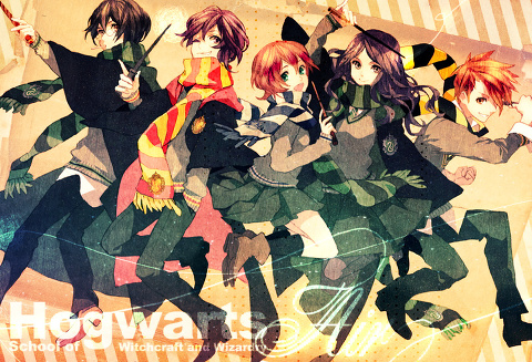 brown_hair, griffindor, harry_potter_(series), hufflepuff, lowres, magic, ravenclaw, red_hair, scarf, slytherin, wand, witch, wizard, wizarding_world