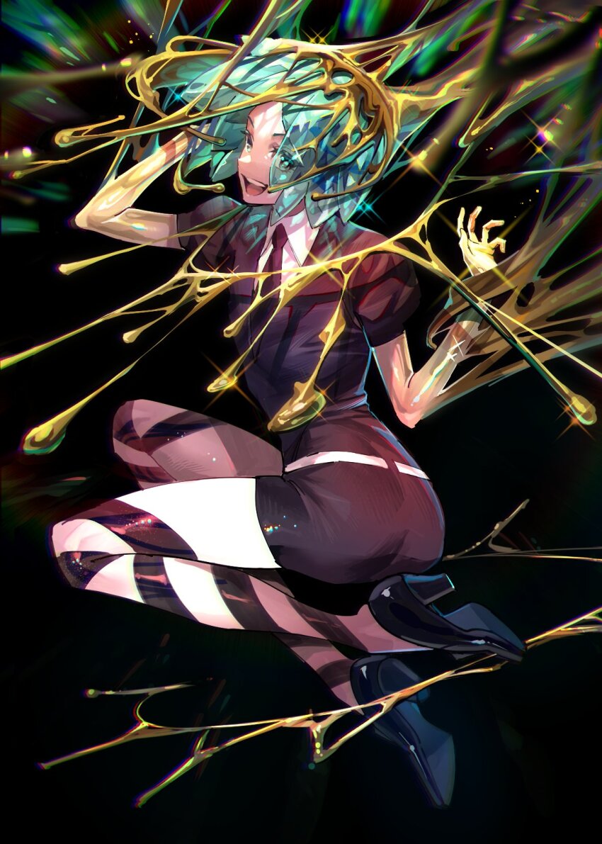 1other, aqua_hair, black_background, black_footwear, black_necktie, collared_shirt, commentary_request, full_body