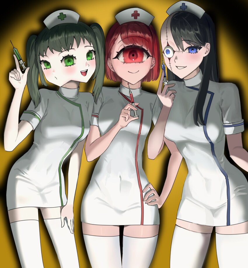 3girls, asymmetrical_hair, black_hair, blush, cyclops, dress, green_eyes, green_hair