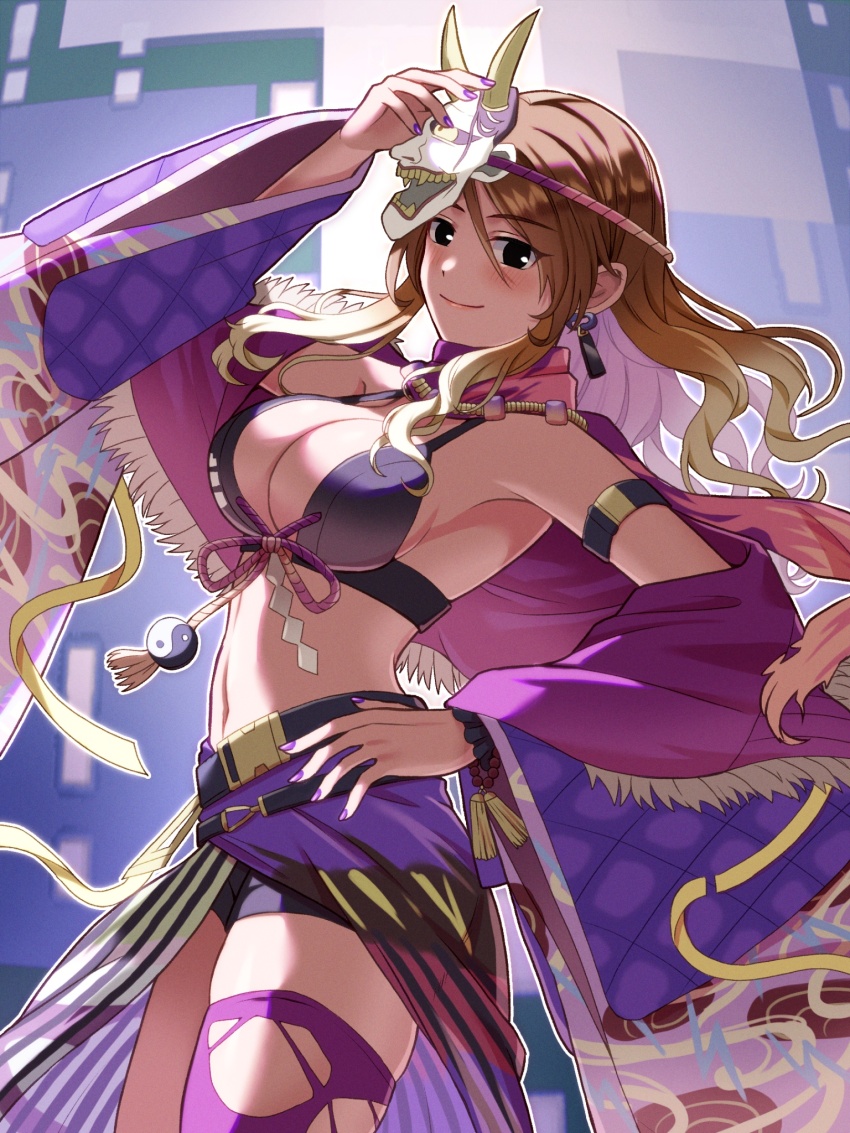 1girl, arm_strap, bare_shoulders, bikini, black_shorts, blonde_hair, blush, breasts, brown_hair, ch1emon_i, cleavage, dark-skinned_female, dark_skin, demon_horns, gradient_hair, hannya, highres, horns, idolmaster, idolmaster_shiny_colors, izumi_mei, long_hair, mask, mask_on_head, medium_breasts, multicolored_hair, navel, noh_mask, purple_bikini, shorts, single_thighhigh, smile, solo, swimsuit, thighhighs, thighs, torn_clothes, torn_thighhighs, wavy_hair, yin_yang